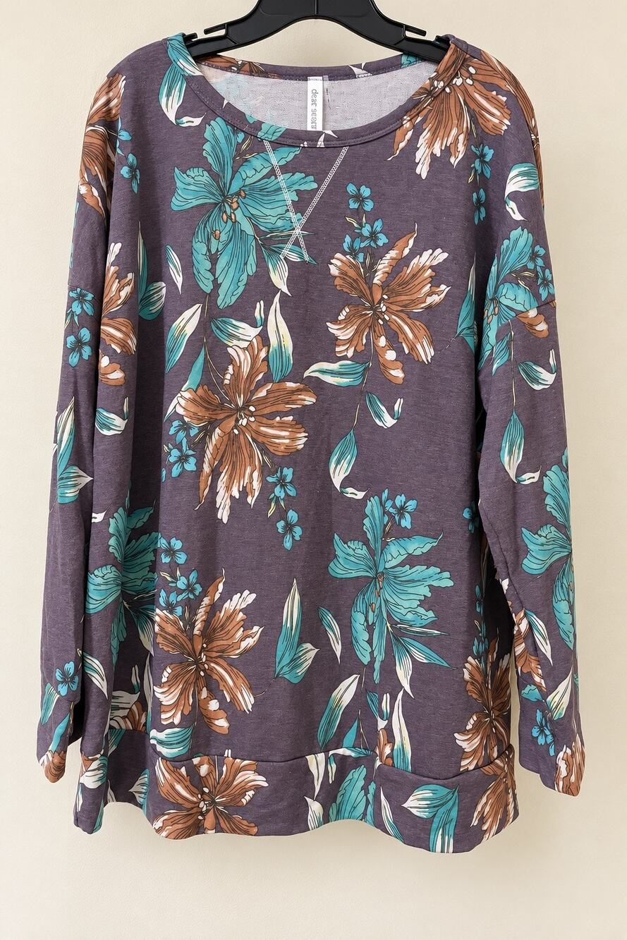 Dear Scarlett Weekender Floral Tunic Top XL Long Sleeve Plum Teal NWOT
